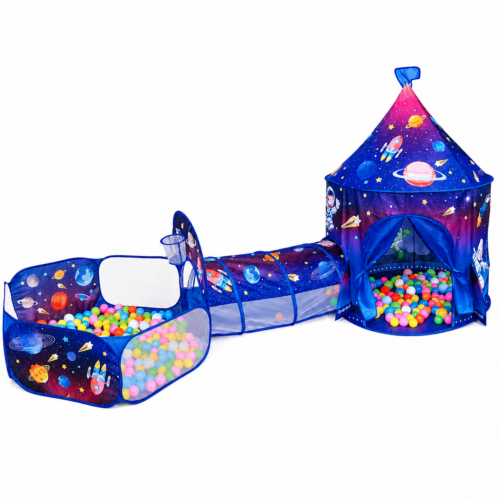 3-in-1 Space Castle Tent House with Crawl Tunnel & Mesh Ball Pit