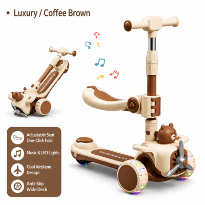 Kids Foldable 3-Wheel Convertible Scooter with Seat, Light-Up Wheels & Music