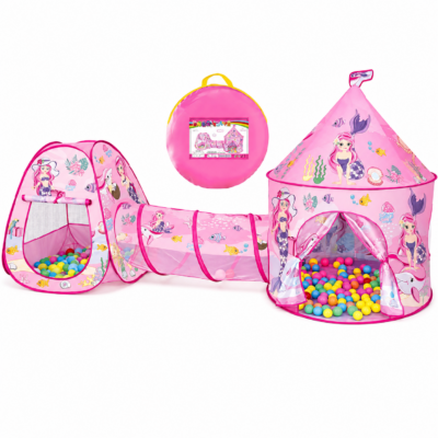 1 3-in-1 Pink Mermaid Castle Pop-Up Play Tent & Crawling Tunnel Set