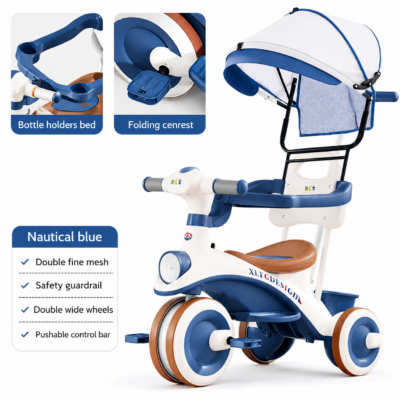 Multifunctional Toddler Stroller Tricycle with Parent Push Handle, Canopy & Bottle Holder