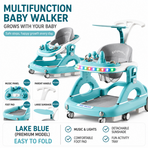 3-in-1 Multifunctional Baby Walker with Light-Up Music Tray, Canopy & Push Handle (888)