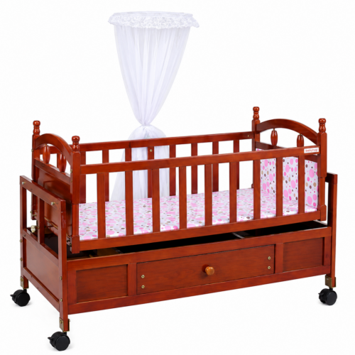 Junior Solid Wood Baby Cot Bed with Canopy Mosquito Net & Wheels