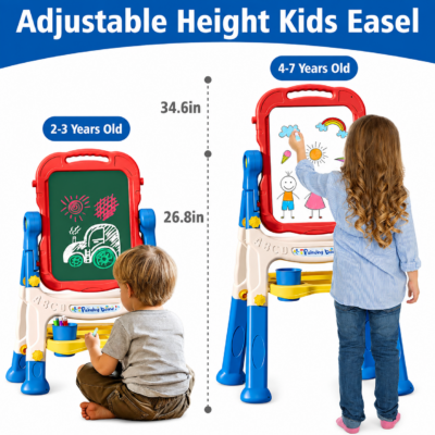 2 Double Sided Kids Easel with Magnetic Whiteboard, Blackboard & Storage Tray