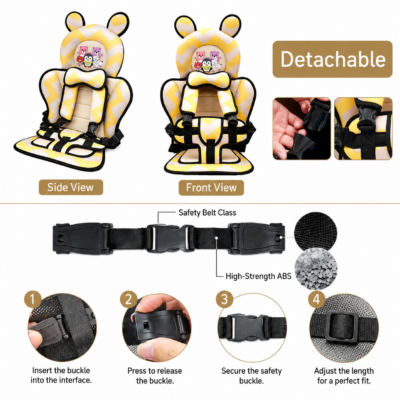 Portable Toddler Car Seat Cushion Liner with Cute Bear Pattern & Adjustable Straps
