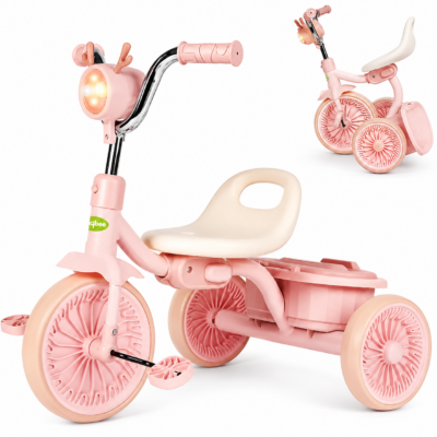 2 Triky Foldable Kids Tricycle with RGB LED Headlight & Dual Storage