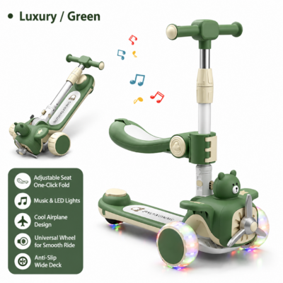 Kids Foldable 3-Wheel Convertible Scooter with Seat, Light-Up Wheels & Music