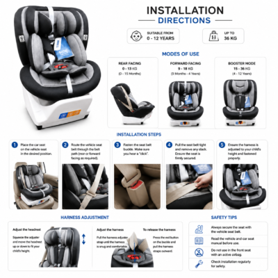 Convertible Baby Car Seat (0–18 kg / 0–4 Years) with Side Impact Protection & White Base (628)