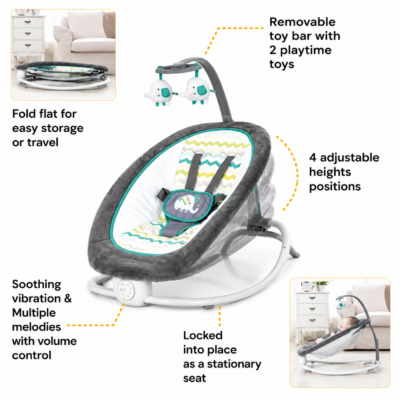 Mastela Fold-Up Portable Baby Rocker with Vibration, Music & Toy Bar