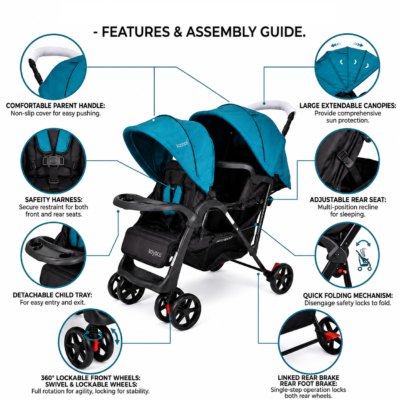 3 JOYOUS Compact Fold Twin Baby Stroller with Snack Tray & Reclining Seat (JY101)