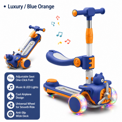 Kids Foldable 3-Wheel Convertible Scooter with Seat, Light-Up Wheels & Music