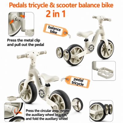 2-in-1 Convertible Kids Tricycle & Balance Bike with Music Headlight & Training Wheels