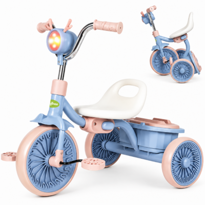 3 Triky Foldable Kids Tricycle with RGB LED Headlight & Dual Storage