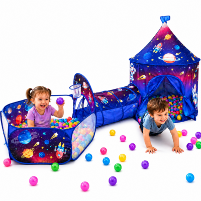 3-in-1 Space Castle Tent House with Crawl Tunnel & Mesh Ball Pit