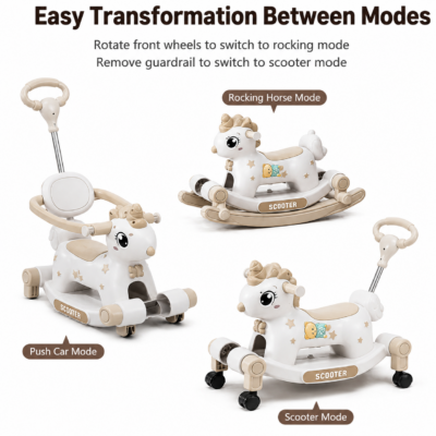 4 3-in-1 Unicorn Ride-On Toy for Toddlers – Rocking Horse, Scooter & Push Car
