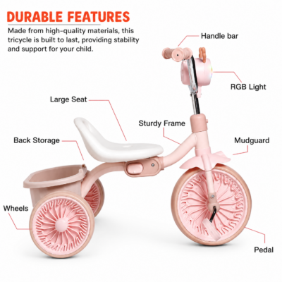 4 Triky Foldable Kids Tricycle with RGB LED Headlight & Dual Storage