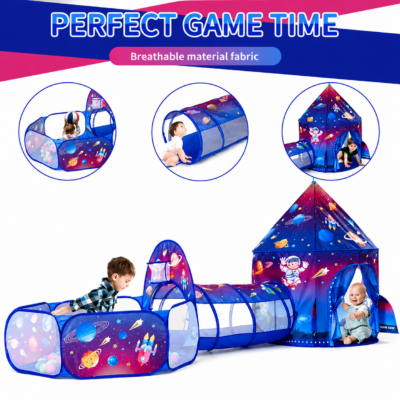 3-in-1 Space Castle Tent House with Crawl Tunnel & Mesh Ball Pit