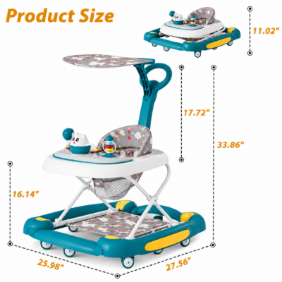4 2-in-1 Foldable Baby Walker & Swing with Shade Umbrella & Parent Push Handle
