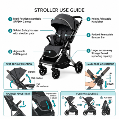 kidilo Lightweight Foldable Baby Stroller with Adjustable Handlebar & Canopy (K101)