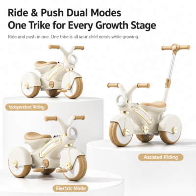 5 Convertible Toddler Tricycle Ride-On with Adjustable Push Handle & Quiet Wide Wheels (1667)