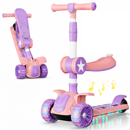 Kids 3-in-1 LED Musical Scooter with Seat & Foldable Adjustable Handlebar