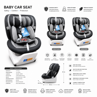 Convertible Baby Car Seat (0–18 kg / 0–4 Years) with Side Impact Protection & White Base (628)