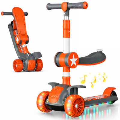 ecf61827-eb1d-4370-8605-33f4232b5cbb Kids 3-in-1 LED Musical Scooter with Seat & Foldable Adjustable Handlebar
