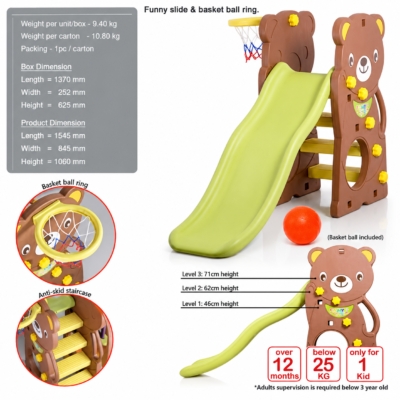 Funny Bear Indoor & Outdoor Toddler Slide Set with Basketball Ring (CHD-160)