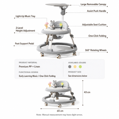 Multi-Functional Foldable Baby Walker with Light-Up Music Tray, Foot Mat & Parent Push Bar (WR-036)