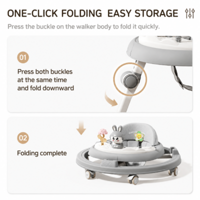 Multi-Functional Foldable Baby Walker with Light-Up Music Tray, Foot Mat & Parent Push Bar (WR-036)