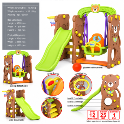 Funny Bear Indoor & Outdoor Toddler Playset with Swing, Slide & Basketball Ring (CHD-161)
