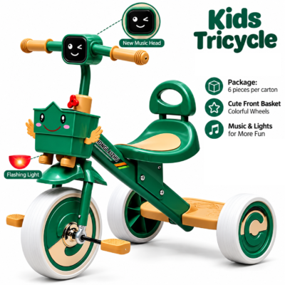 3-Wheel Toddler Pedal Tricycle with Flashing Lights, Music Head & Front Storage (739)
